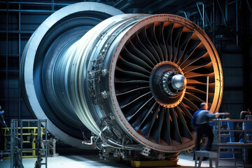 Jet engine close up. Maintenance at aircraft hangar.Jet engine maintenance and change part by aircraft technician . Testing turbine engine in the air tunnel