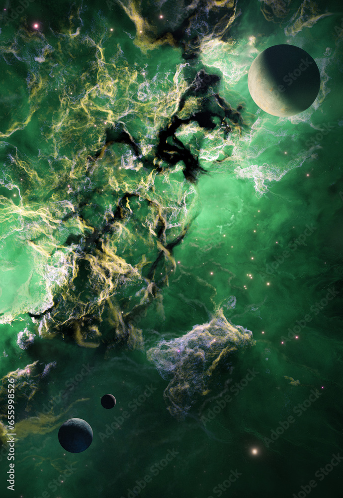 Wall mural nebula in outer space, planets and galaxy, 3d animation