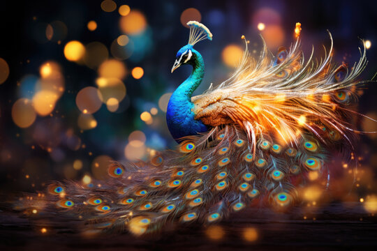 Beautiful peacock against a magical background. Fairytale wallpaper. Magic postcard.