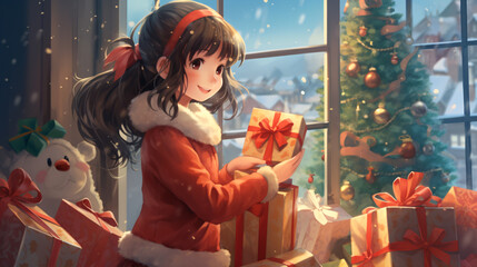 A cheerful anime girl dressed in a Santa Claus costume, surrounded by colorful presents and a decorated Christmas tree, with snow falling gently outside the window.