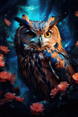 Beautiful magical owl on a magical glowing night background.Wallpaper. Fairytale card.