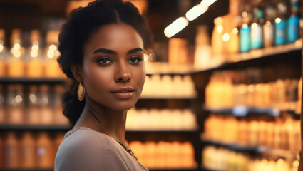 Portrait of a youthful beauty influencer in a cosmetic shop, ideal for advertising beauty products and fashion trends.