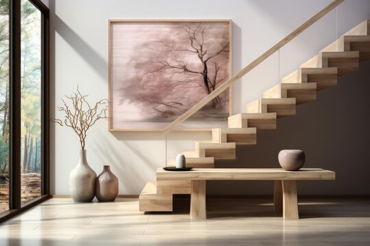 modern luxury scandinavian entrance hall with staircase and light natural materials with modern art on the walls