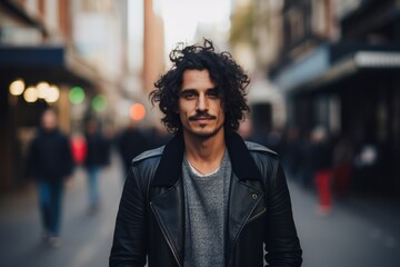 young handsome long curly hair hipster man in black leather jacket walking in european city - Powered by Adobe