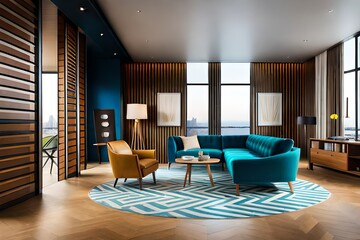 A photograph of a vibrant modern interior, teeming with color and geometric patterns, capturing the essence of contemporary design and dynamic energy.