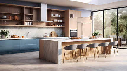 20th Century Scandinavian Kitchen with Wood Cabinets and Blue Countertop. - obrazy, fototapety, plakaty