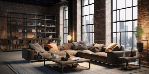 Loft style living room decor with brick walls, interior design with large sofa and panoramic windows - obrazy, fototapety, plakaty