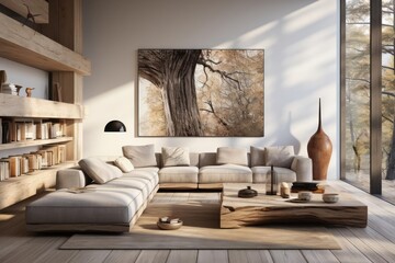 modern luxury scandinavian living room with light natural materials with modern art on the walls