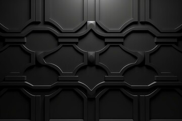 Arranged 3D tiles create a black, futuristic semigloss wall with arabesque blocks. 3D render. Generative AI