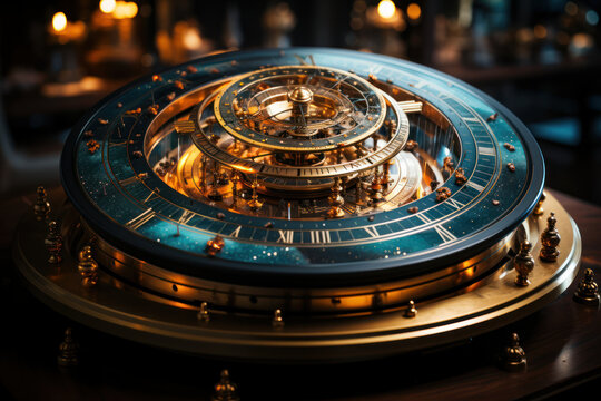 A cosmic clock measuring the age of the universe, currently estimated at approximately 13.8 billion years. Generative Ai.