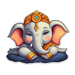 A cartoon elephant with a crown on its head. Digital art. Cute sleeping Ganesha.