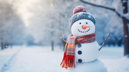 Obraz premium whimsical winter scene in the park with a funny snowman wearing a colorful scarf.