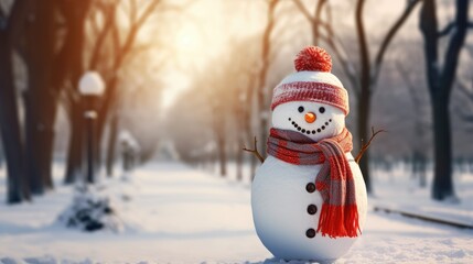 whimsical winter scene in the park with a funny snowman wearing a colorful scarf.
