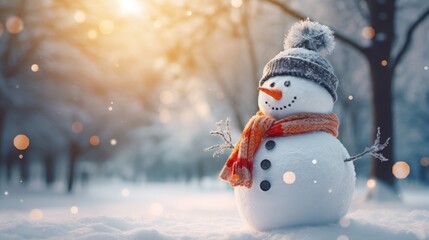 Obraz premium whimsical winter scene in the park with a funny snowman wearing a colorful scarf.