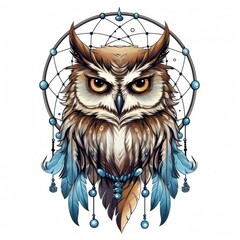 An owl with a dream catcher on its head. Digital art. Tribal-inspired design. - obrazy, fototapety, plakaty