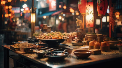 Cozy Japanese food at night - obrazy, fototapety, plakaty