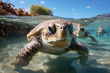 Obraz premium A group of sea turtles engaged in ecotourism, guiding animal tourists through natural habitats. Generative Ai.