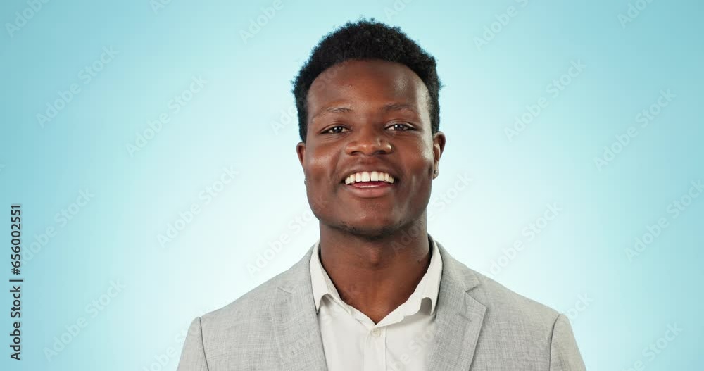 Poster Face, wave and video call with a business black man talking on a blue background in studio for a tutorial. Portrait, smile and presentation with a young employee speaking during a webinar workshop