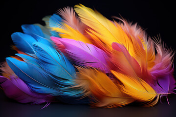 Beautiful multi-colored feathers of a fantastic bird, background of colorful feathers