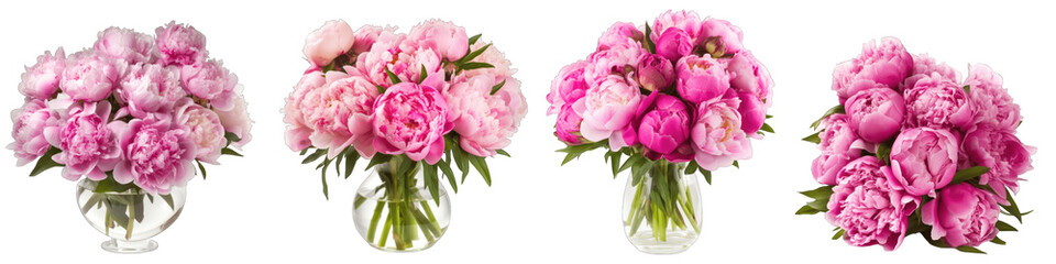 Large flower arrangement or bouquet with many peonies isolated on transparent background generative ai