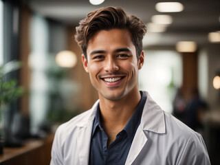 Portrait of a happy male doctor with hospital background, Smart and Enjoy doctor, Health Care Concept, AI Generative - obrazy, fototapety, plakaty