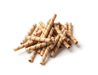 Crispy wafer rolls on a white background.