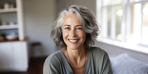 Middle age woman with white hairs smiling, laughing  - obrazy, fototapety, plakaty