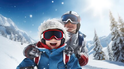 Fototapeta na wymiar joy of a family holiday as kids embrace the snowy slopes, fully equipped with ski gear and enthusiasm, during their winter vacation.