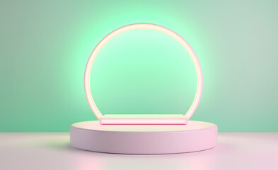 Abstract minimal concept. Pastel green pink neon podium stage platform display with glowing frame ring. Mock up template for product presentation with copy text space.	
