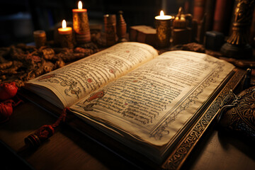 A medieval illuminated manuscript, showcasing the artistry and storytelling of the Middle Ages. Generative Ai.