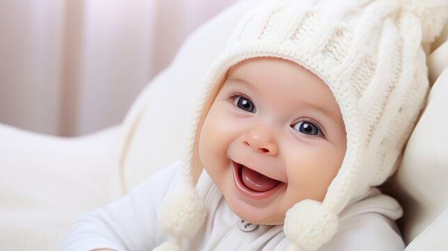 joy of the holiday season with an adorable image of a funny little baby, dressed in a Christmas-themed knitted hat and jacket, playing and laughing on a cozy white blanket