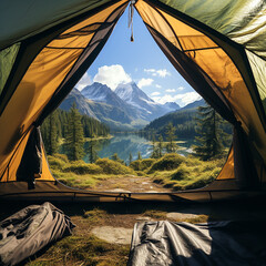 View from inside a camping tent over a stunning lake and forest with mountains in the background - obrazy, fototapety, plakaty