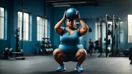 Strong and plump woman happy in the gym while training. Body positivity. Progress for all physicists. Body care and physical well-being. Food and exercise. - obrazy, fototapety, plakaty