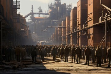 A Crowd of workers outside of the factory on their way to strike for better working conditions during the 1960's Generative ai