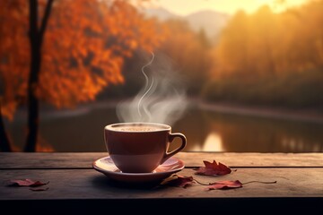 A hot cup of breakfast coffee on the railing of a terrace at sunrise at autumn