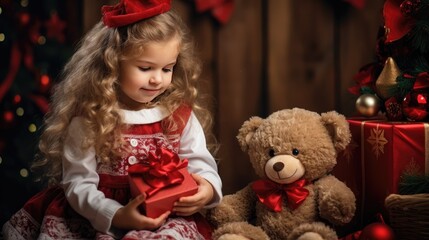 magic of Christmas as a cute, curly toddler girl sits indoors with her beloved toy bear, eagerly awaiting the joyous Xmas Eve celebration
