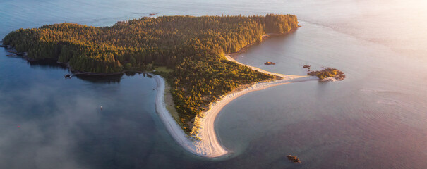 Vibrant Landscape on the West Coast of Pacific Ocean. Dramatic Sunset. Tofino. Aerial Nature...