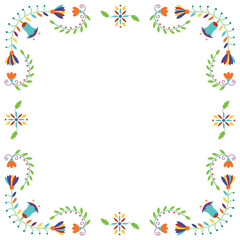 Folk embroidery frame. Design template for fiesta , wedding and birthday invitation card, greeting card, restaurant menu. Mexican Otomi Tenango embroidery style. Square floral border. Vector