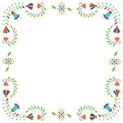 Folk embroidery frame. Design template for fiesta , wedding and birthday invitation card, greeting card, restaurant menu. Mexican Otomi Tenango embroidery style. Square floral border. Vector