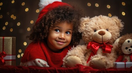 magic of Christmas as a cute, curly toddler girl sits indoors with her beloved toy bear, eagerly...