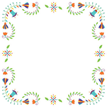 Folk embroidery frame. Design template for fiesta , wedding and birthday invitation card, greeting card, restaurant menu. Mexican Otomi Tenango embroidery style. Square floral border. Vector