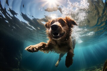 A happy Freediver Dog dives in clear water in summer enjoying a swim in the ocean Generative Ai - obrazy, fototapety, plakaty