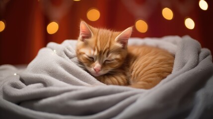 Embrace the cozy spirit of a winter day at home with a ginger newborn kitten in a festive Christmas outfit, taking a nap under a soft blanket.