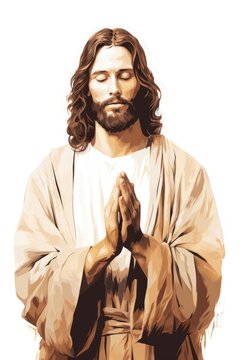 A black and white photo of jesus praying. Imaginary illustration.