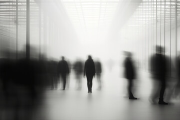 Minimalist black and white photo of people motion with blurred background. Abstract defocused motion blurred people walking in city. Blur effect