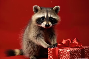 Obraz premium baby raccoon with christmas gift boxes on red background