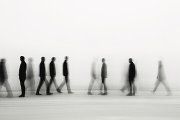 Minimalist black and white photo of people motion with blurred background. Abstract defocused motion blurred people walking in city. Blur effect