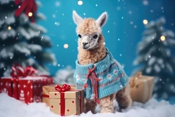 Poster cute baby llama alpaca with christmas gift boxes on blue background © gankevstock