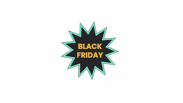 Sunburst black friday line 2D offer sticker animation. Burst shape with indented edges advertising commercial flat colorful cartoon 4K video, alpha channel. Animated badge tag on white background