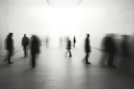 Minimalist black and white photo of people motion with blurred background. Abstract defocused motion blurred people walking in city. Blur effect